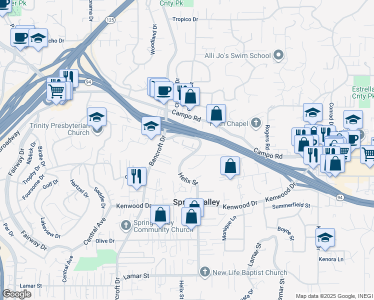 map of restaurants, bars, coffee shops, grocery stores, and more near 3760 Helix Street in Spring Valley
