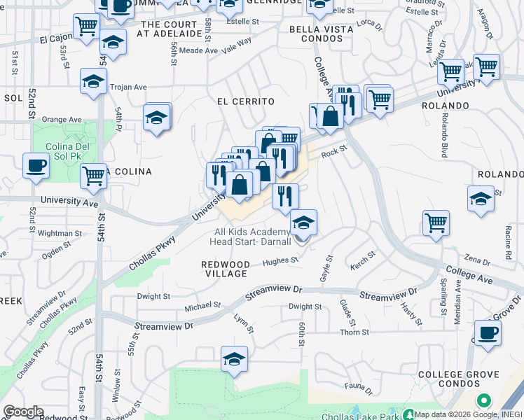 map of restaurants, bars, coffee shops, grocery stores, and more near 5985 Dandridge Lane in San Diego