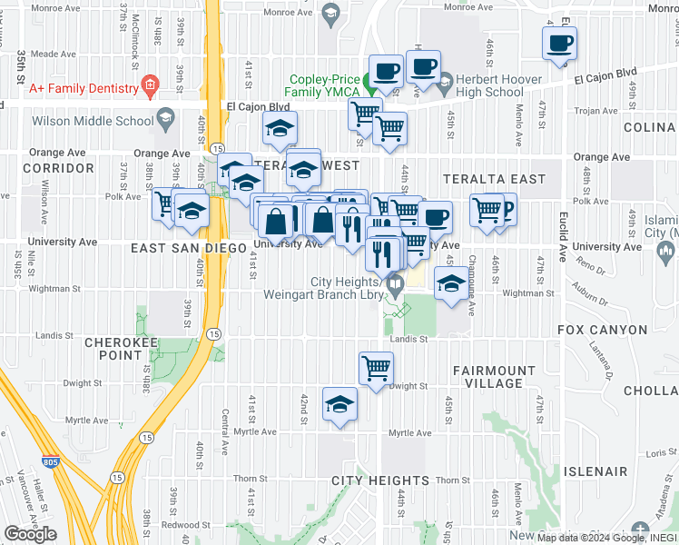 map of restaurants, bars, coffee shops, grocery stores, and more near 4240 Wightman Street in San Diego