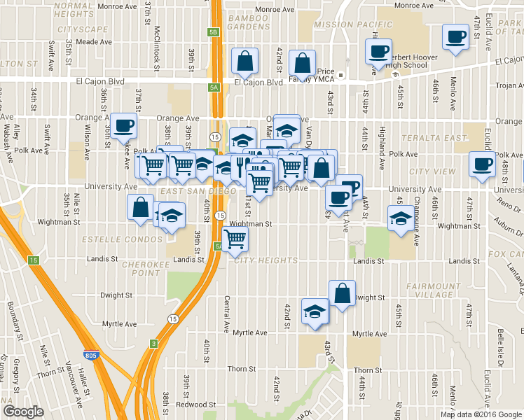 map of restaurants, bars, coffee shops, grocery stores, and more near 4122 Wightman Street in San Diego