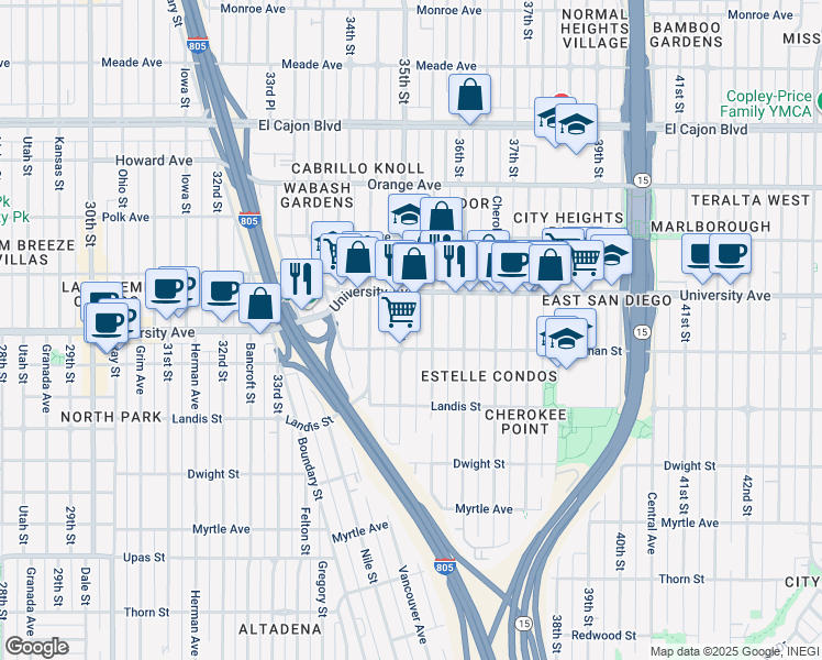 map of restaurants, bars, coffee shops, grocery stores, and more near 3800 Wilson Avenue in San Diego