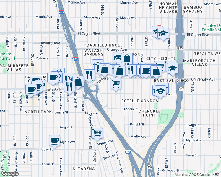 map of restaurants, bars, coffee shops, grocery stores, and more near 3806 35th Street in San Diego