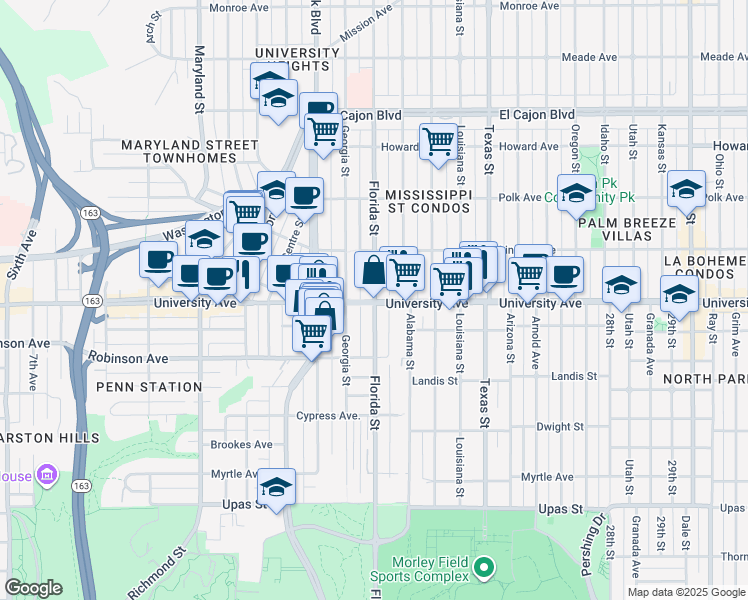 map of restaurants, bars, coffee shops, grocery stores, and more near 3880 Florida Street in San Diego