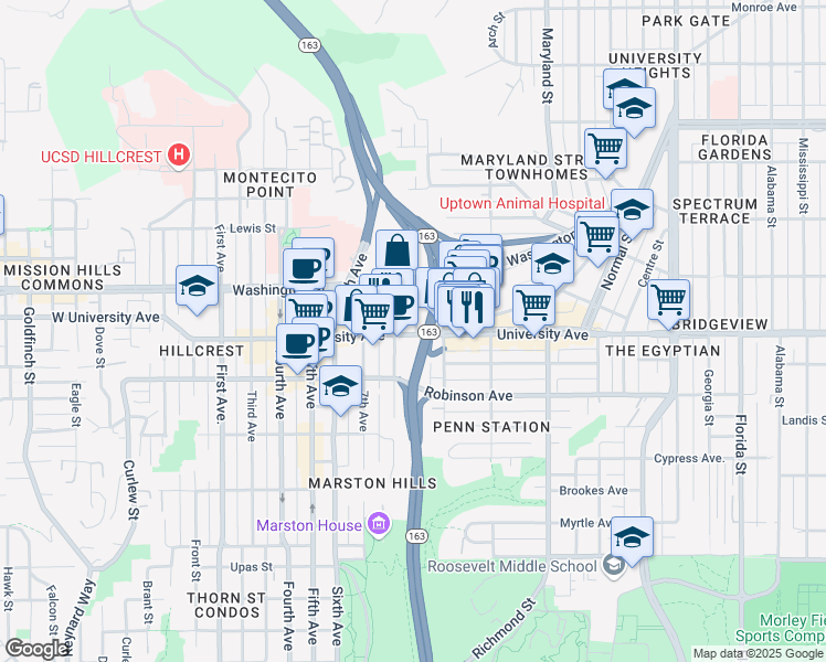 map of restaurants, bars, coffee shops, grocery stores, and more near 823 University Avenue in San Diego