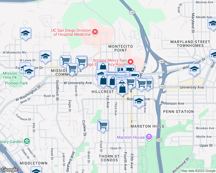 map of restaurants, bars, coffee shops, grocery stores, and more near 127 University Avenue in San Diego