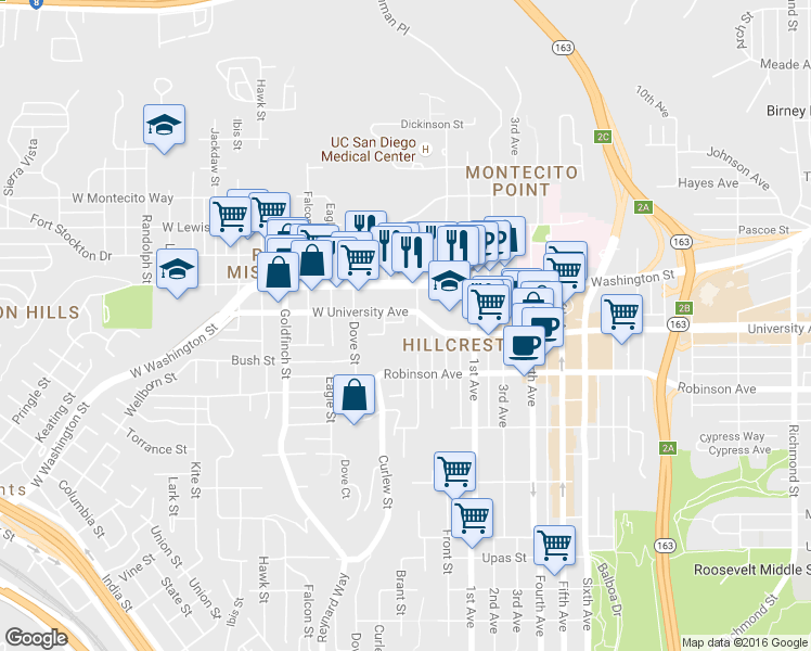 map of restaurants, bars, coffee shops, grocery stores, and more near 3844 Albatross Street in San Diego