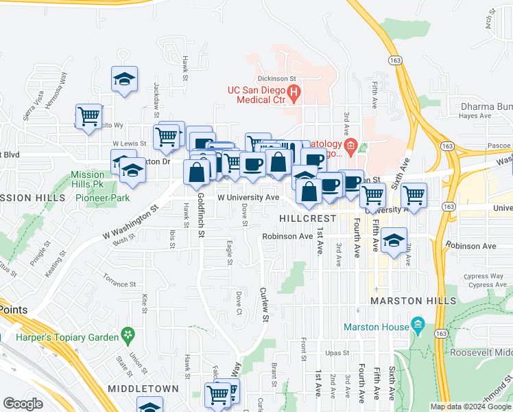 map of restaurants, bars, coffee shops, grocery stores, and more near 425 University Place in San Diego