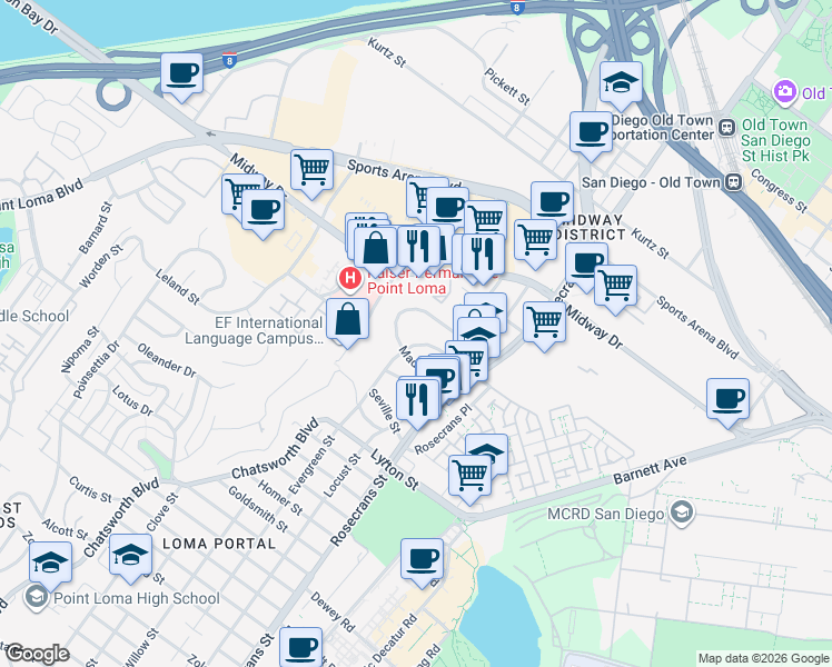 map of restaurants, bars, coffee shops, grocery stores, and more near 3129 North Evergreen Street in San Diego