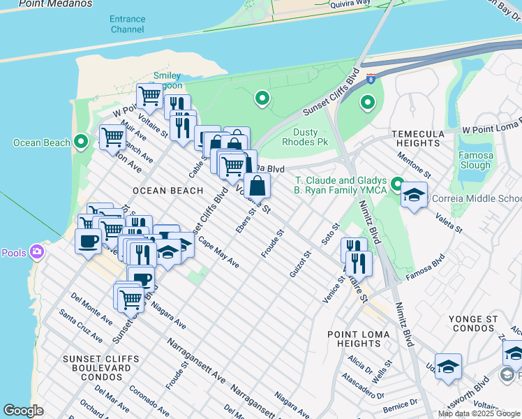 map of restaurants, bars, coffee shops, grocery stores, and more near 4678 Muir Avenue in San Diego