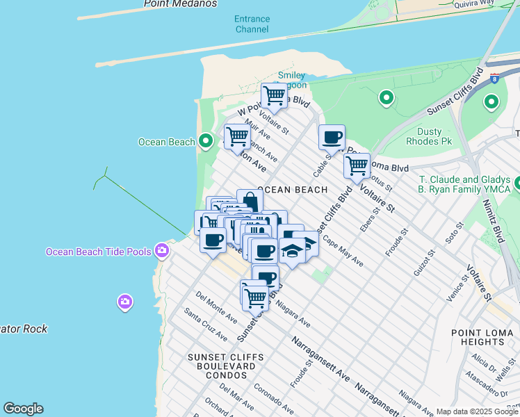 map of restaurants, bars, coffee shops, grocery stores, and more near 4961 Saratoga Avenue in San Diego