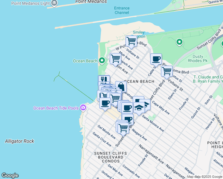 map of restaurants, bars, coffee shops, grocery stores, and more near 5016 Santa Monica Avenue in San Diego