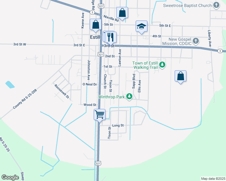 map of restaurants, bars, coffee shops, grocery stores, and more near 401-499 Tison Street in Estill