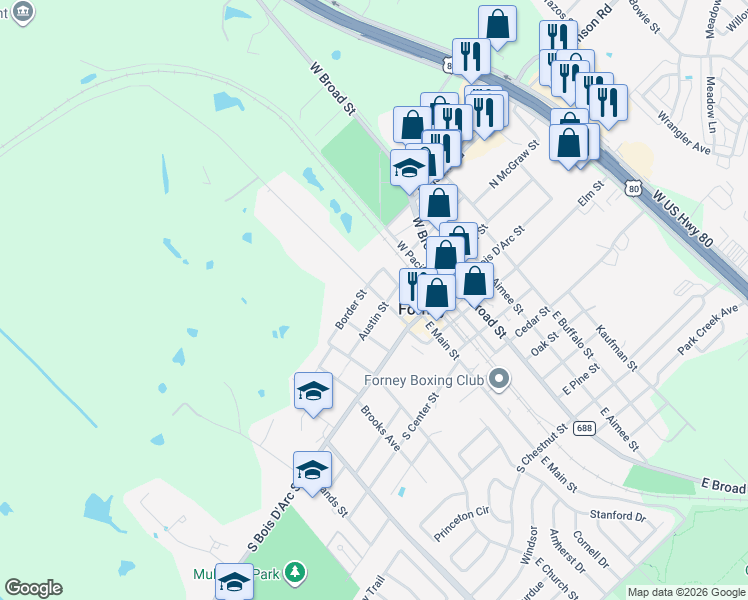 map of restaurants, bars, coffee shops, grocery stores, and more near 306 Austin Street in Forney