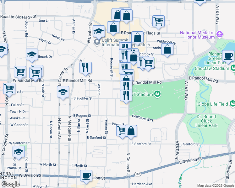 map of restaurants, bars, coffee shops, grocery stores, and more near 625 Slaughter Street in Arlington