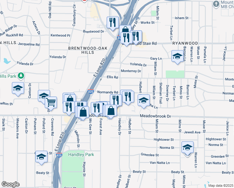 map of restaurants, bars, coffee shops, grocery stores, and more near 2124 Handley Drive in Fort Worth