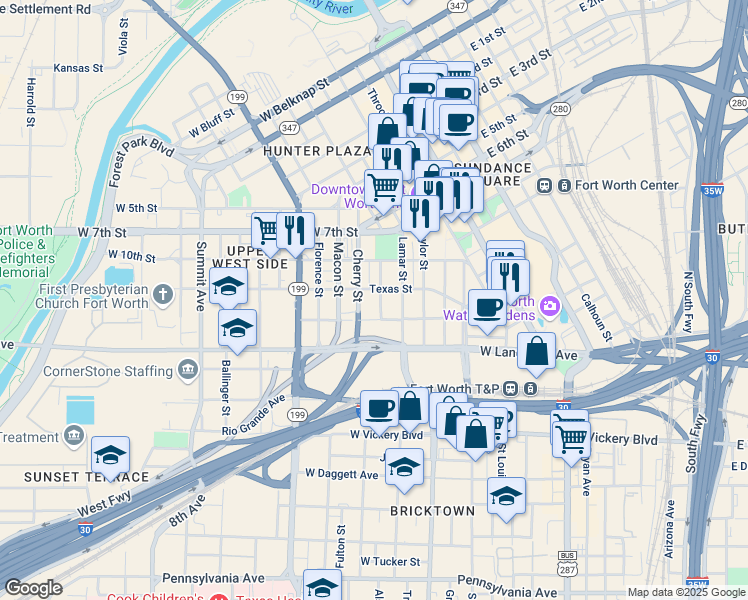 map of restaurants, bars, coffee shops, grocery stores, and more near 500 West 13th Street in Fort Worth