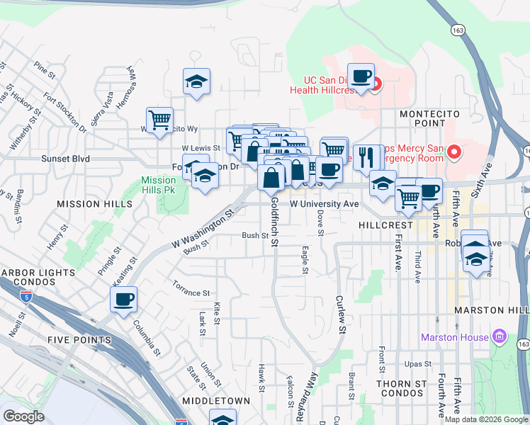 map of restaurants, bars, coffee shops, grocery stores, and more near 3917 Hawk Street in San Diego