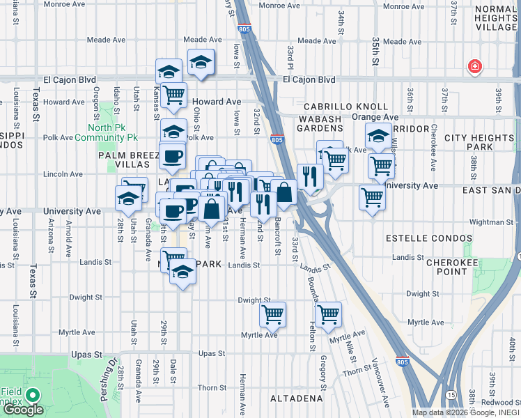 map of restaurants, bars, coffee shops, grocery stores, and more near University Avenue & 32nd Street in San Diego