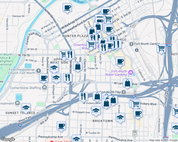 map of restaurants, bars, coffee shops, grocery stores, and more near 500 West 13th Street in Fort Worth