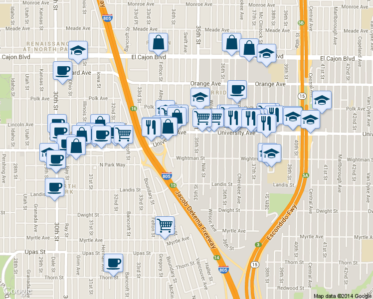 map of restaurants, bars, coffee shops, grocery stores, and more near 3806 35th Street in San Diego
