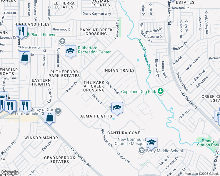 map of restaurants, bars, coffee shops, grocery stores, and more near 1425 Osage Trail in Mesquite