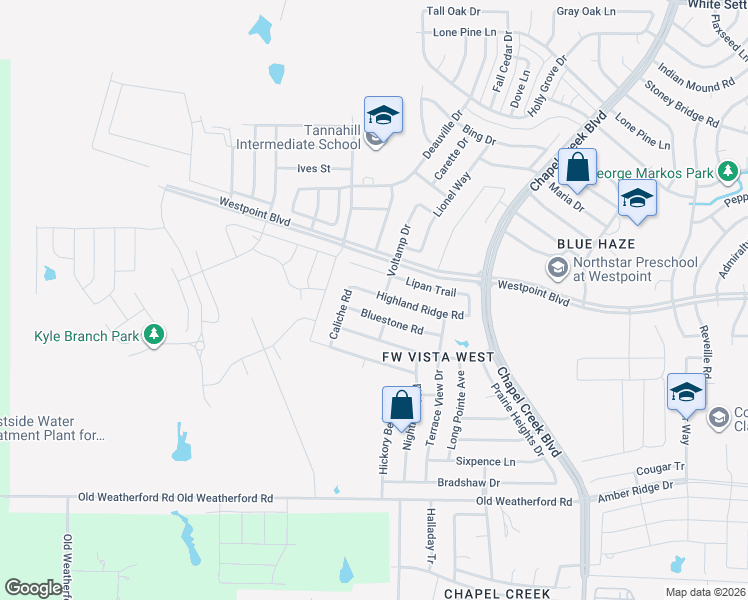 map of restaurants, bars, coffee shops, grocery stores, and more near 10709 Highland Ridge Road in Fort Worth