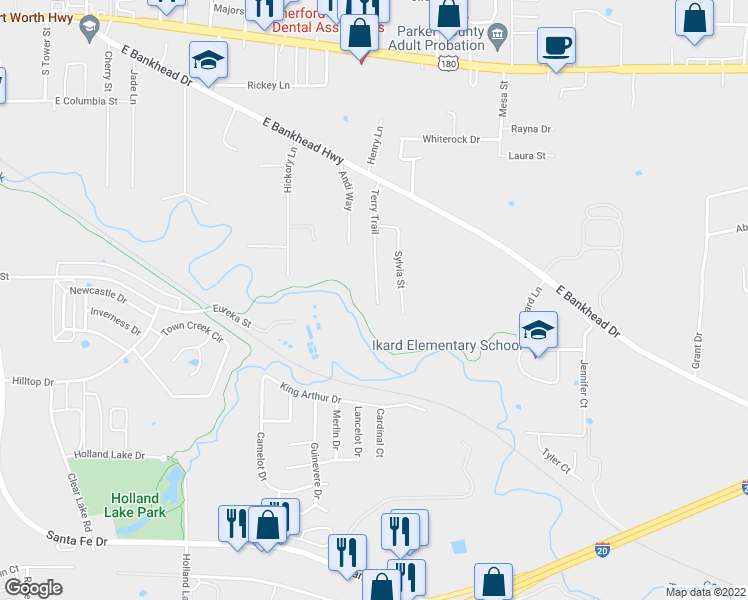 map of restaurants, bars, coffee shops, grocery stores, and more near 944 Terry Trail in Weatherford