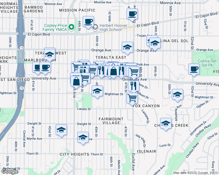 map of restaurants, bars, coffee shops, grocery stores, and more near 3842 46th Street in San Diego