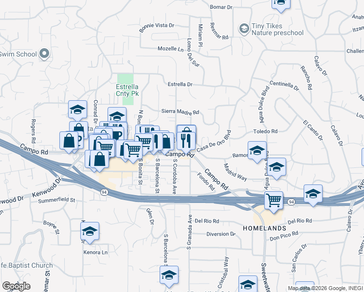 map of restaurants, bars, coffee shops, grocery stores, and more near 10030 Campo Road in Spring Valley