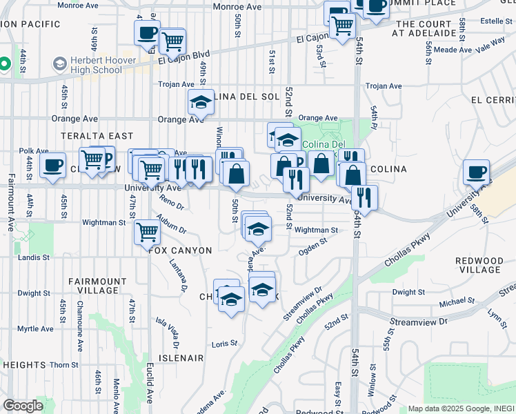 map of restaurants, bars, coffee shops, grocery stores, and more near 5055 University Avenue in San Diego