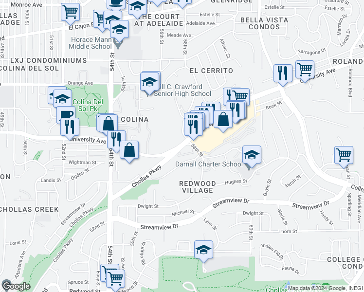 map of restaurants, bars, coffee shops, grocery stores, and more near 1635 Chollas Parkway in San Diego