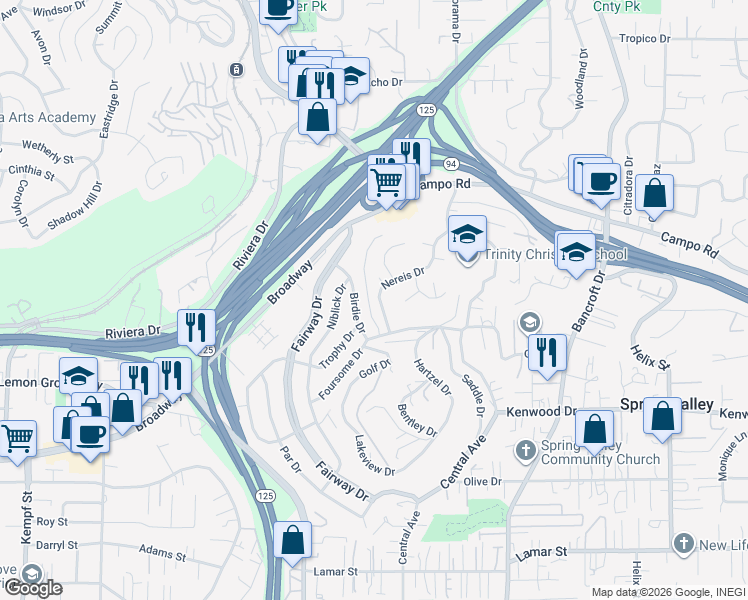 map of restaurants, bars, coffee shops, grocery stores, and more near 3704 Nereis Drive in La Mesa