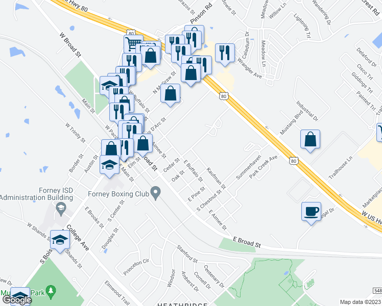 map of restaurants, bars, coffee shops, grocery stores, and more near 508 Cedar Street in Forney