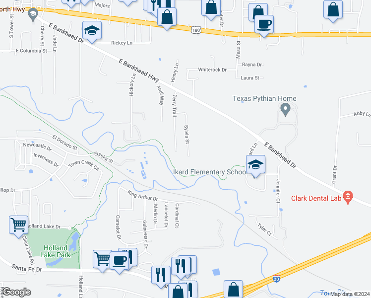 map of restaurants, bars, coffee shops, grocery stores, and more near 946 Sylvia Street in Weatherford