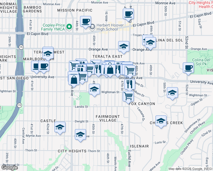 map of restaurants, bars, coffee shops, grocery stores, and more near 3842 46th Street in San Diego