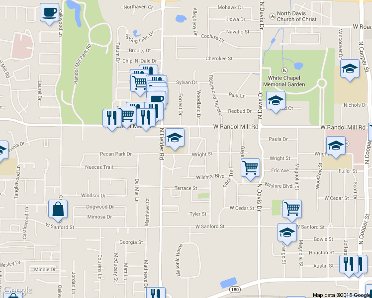 map of restaurants, bars, coffee shops, grocery stores, and more near 1510 Wright Street in Arlington