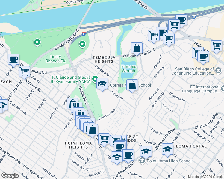 map of restaurants, bars, coffee shops, grocery stores, and more near 4247 Montalvo Street in San Diego