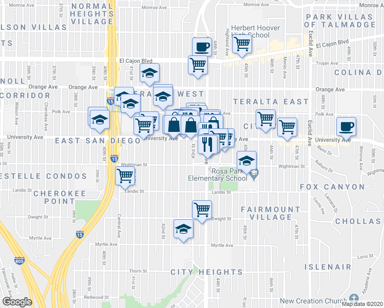 map of restaurants, bars, coffee shops, grocery stores, and more near 3836 43rd Street in San Diego