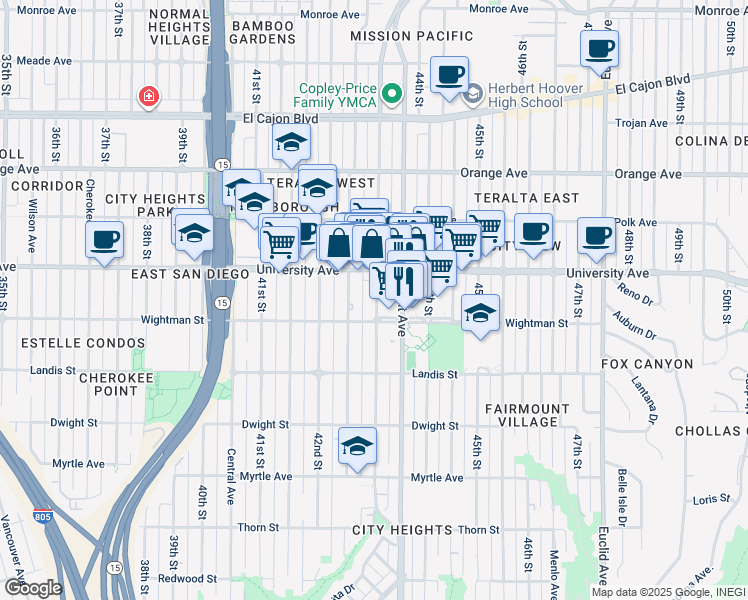 map of restaurants, bars, coffee shops, grocery stores, and more near 3836 43rd Street in San Diego