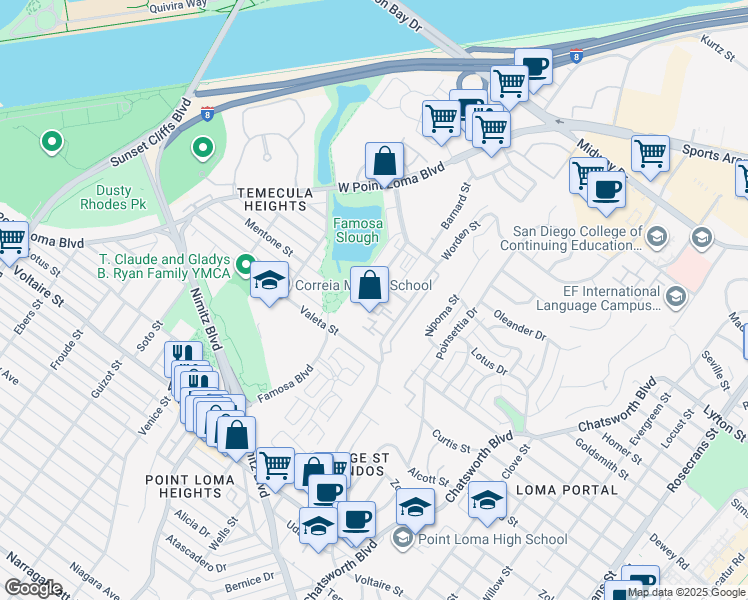 map of restaurants, bars, coffee shops, grocery stores, and more near 4032 Valeta Street in San Diego