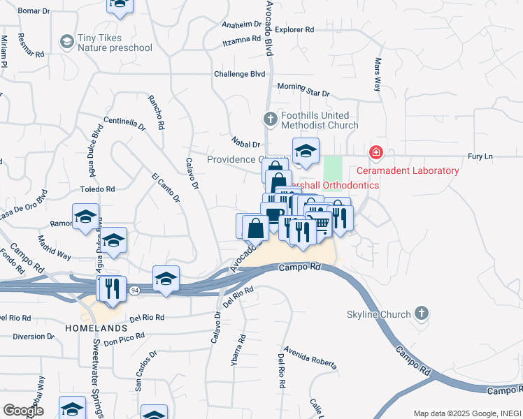 map of restaurants, bars, coffee shops, grocery stores, and more near 3824 Avocado Boulevard in La Mesa