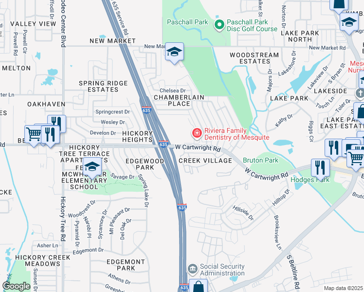 map of restaurants, bars, coffee shops, grocery stores, and more near 1028 West Cartwright Road in Mesquite