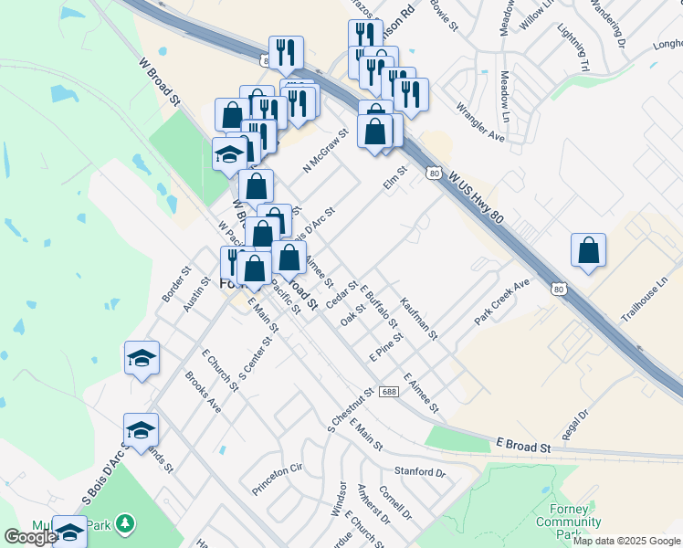 map of restaurants, bars, coffee shops, grocery stores, and more near 508 Cedar Street in Forney