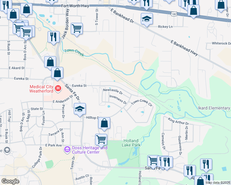 map of restaurants, bars, coffee shops, grocery stores, and more near 1034 Inverness Drive in Weatherford