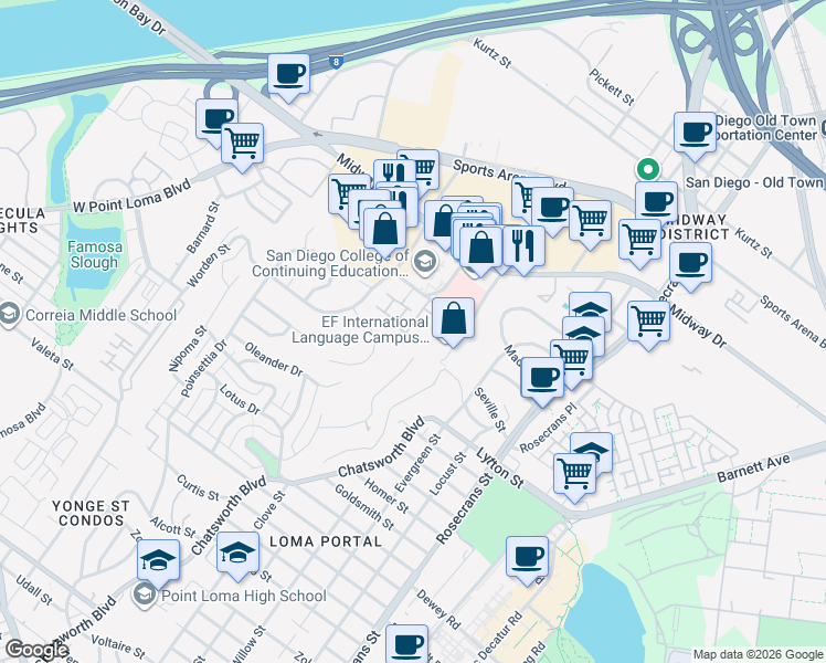 map of restaurants, bars, coffee shops, grocery stores, and more near 3308 Wisteria Drive in San Diego