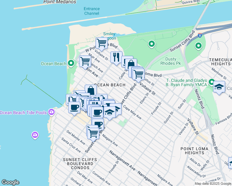 map of restaurants, bars, coffee shops, grocery stores, and more near 4844 Cape May Avenue in San Diego
