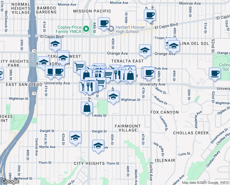 map of restaurants, bars, coffee shops, grocery stores, and more near 3811 45th Street in San Diego