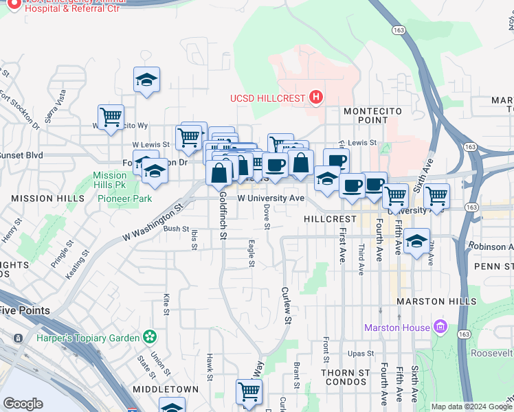 map of restaurants, bars, coffee shops, grocery stores, and more near 3939 Eagle Street in San Diego