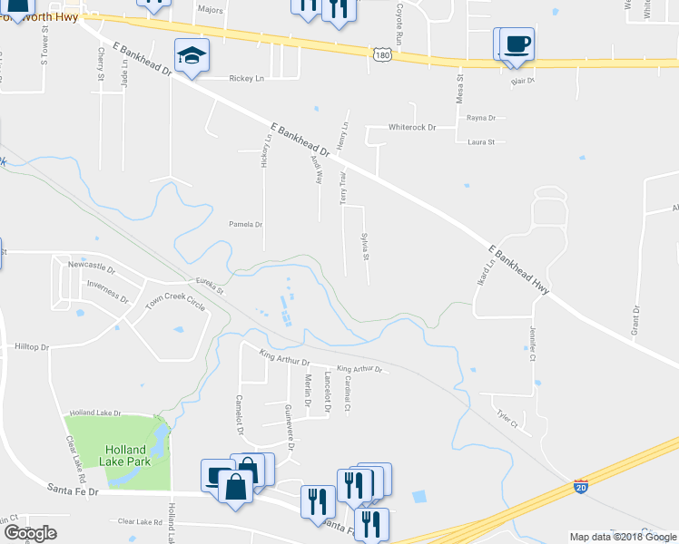 map of restaurants, bars, coffee shops, grocery stores, and more near 938 Terry Trail in Weatherford