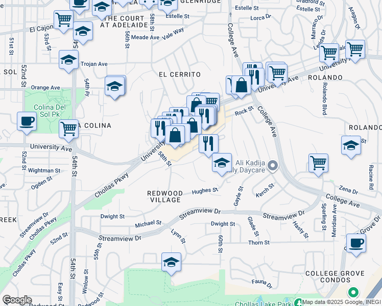 map of restaurants, bars, coffee shops, grocery stores, and more near 3950 60th Street in San Diego